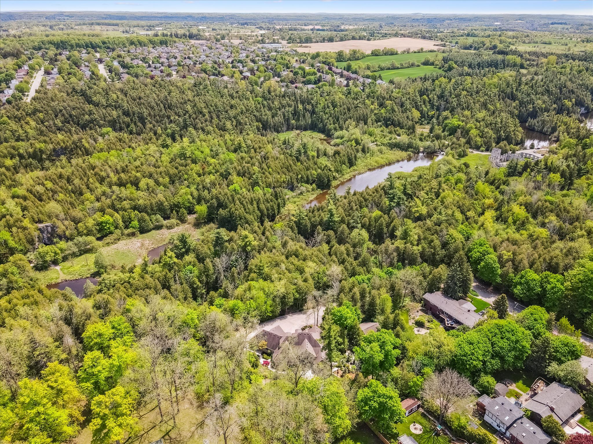 Aerial drone view showing the property, Eramosa River, and Rockwood Conservation Area