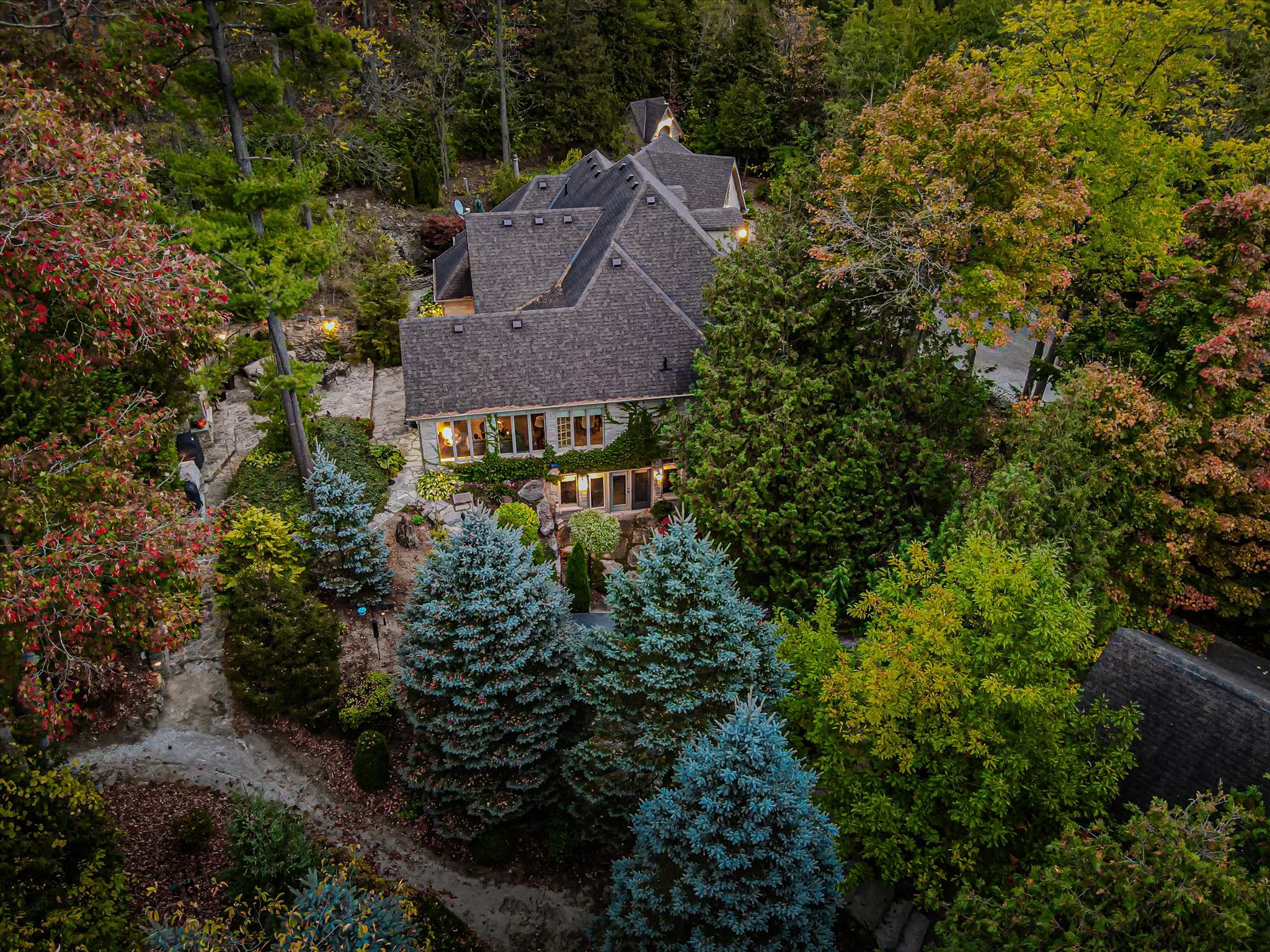Aerial rear view at twilight